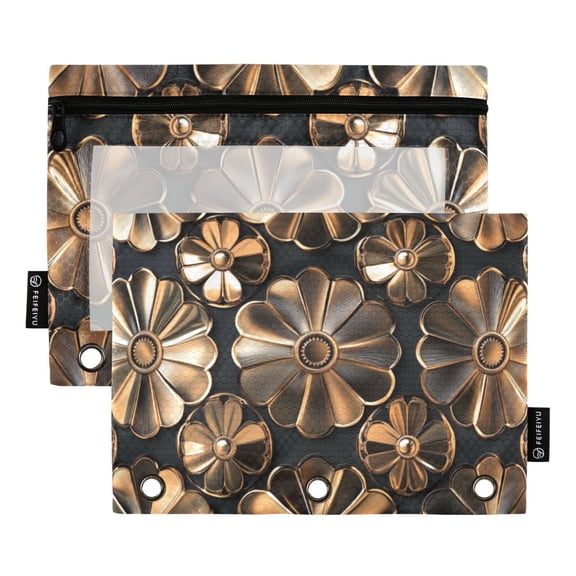 FORMRS 2 Pack Pencil Pouch for 3 Ring Binder with Clear Window Zipper Case, Metallic Flower