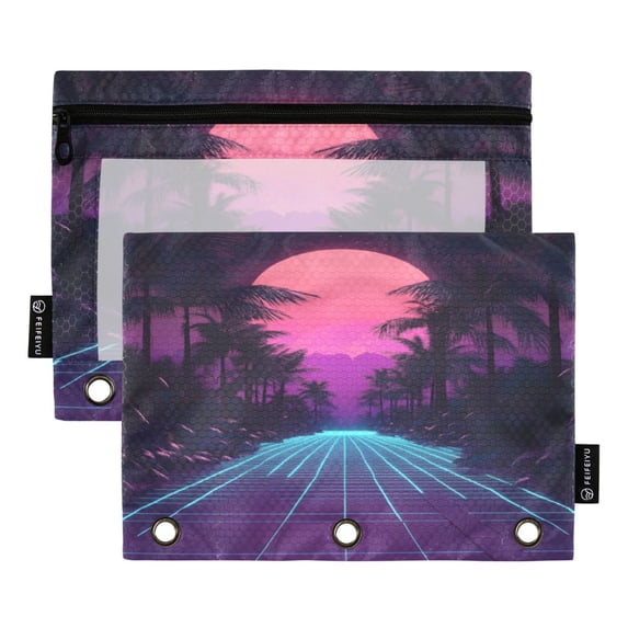 FORMRS 2 Pack Pencil Pouch for 3 Ring Binder with Clear Window Zipper Case, Night Neon Road