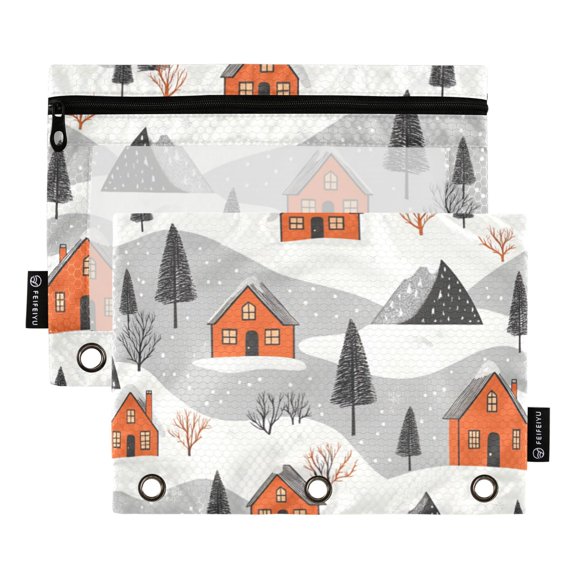 FORMRS 2 Pack Pencil Pouch for 3 Ring Binder with Clear Window Zipper Case, Orange Cartoon Houses