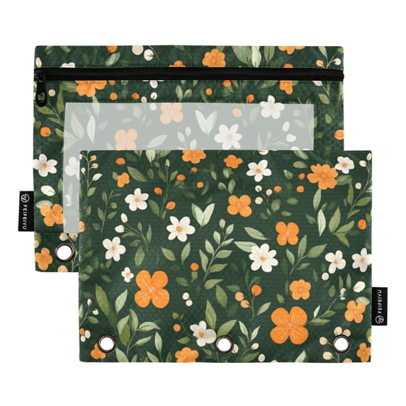 FORMRS 2 Pack Pencil Pouch for 3 Ring Binder with Clear Window Zipper Case, Orange Flowers