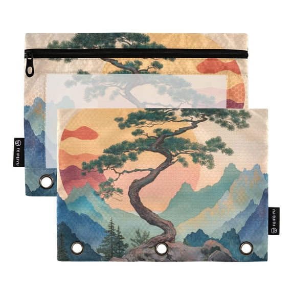 FORMRS 2 Pack Pencil Pouch for 3 Ring Binder with Clear Window Zipper Case, Pine Tree at Dawn