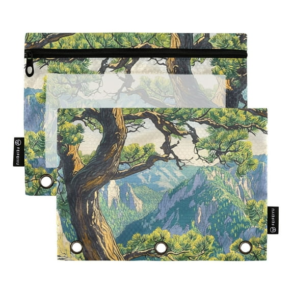 FORMRS 2 Pack Pencil Pouch for 3 Ring Binder with Clear Window Zipper Case, Pine Tree