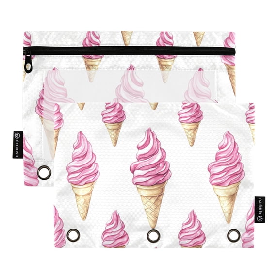 FORMRS 2 Pack Pencil Pouch for 3 Ring Binder with Clear Window Zipper Case, Pink Cartoon Ice Cream