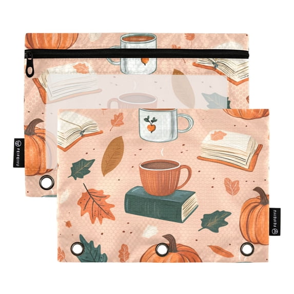 FORMRS 2 Pack Pencil Pouch for 3 Ring Binder with Clear Window Zipper Case, Pink Fall Coffee