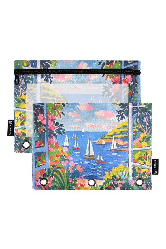 2 Pack Pencil Pouch for 3 Ring Binder with Clear Window Zipper Case, Pink Floral Window