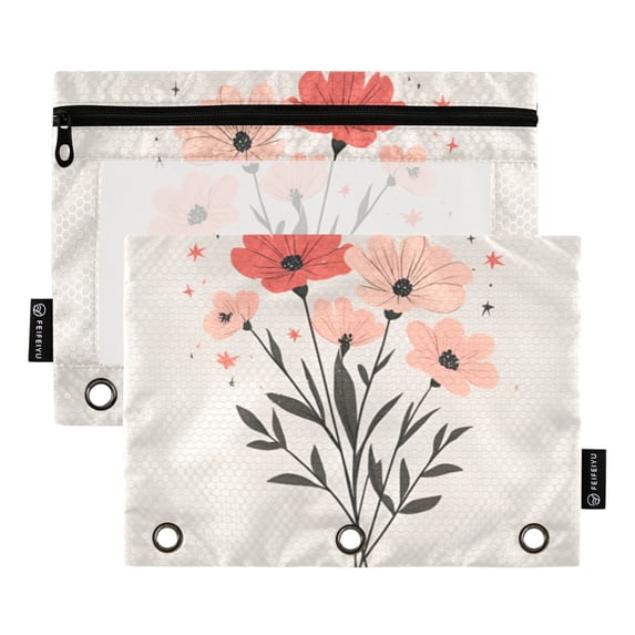 FORMRS 2 Pack Pencil Pouch for 3 Ring Binder with Clear Window Zipper Case, Pink Flower