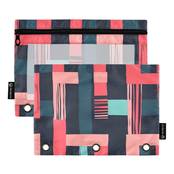 FORMRS 2 Pack Pencil Pouch for 3 Ring Binder with Clear Window Zipper Case, Pink Geometric