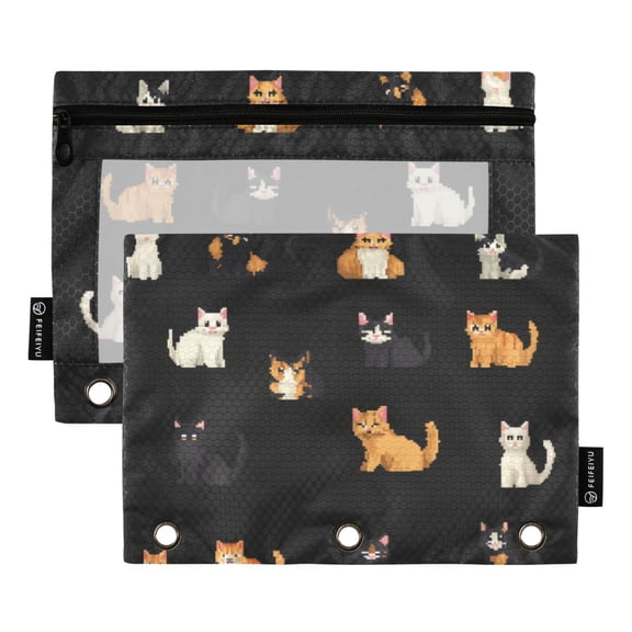 FORMRS 2 Pack Pencil Pouch for 3 Ring Binder with Clear Window Zipper Case, Pixel Cat
