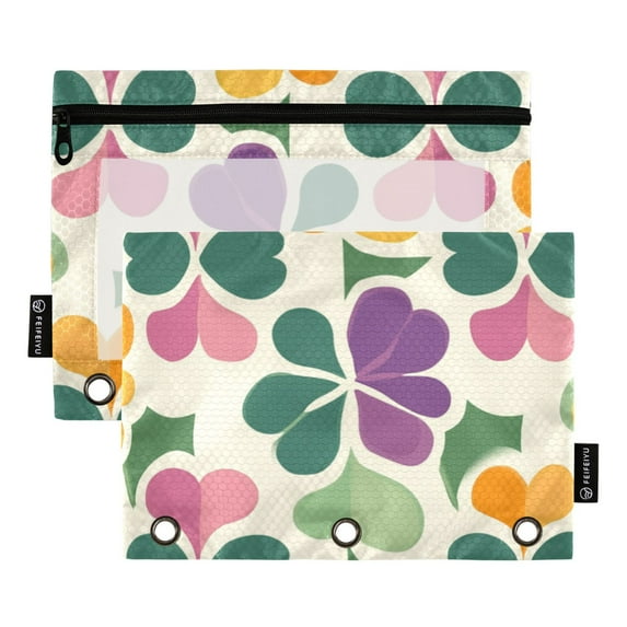 FORMRS 2 Pack Pencil Pouch for 3 Ring Binder with Clear Window Zipper Case, Purple Clover Pattern