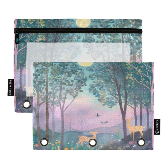 FORMRS 2 Pack Pencil Pouch for 3 Ring Binder with Clear Window Zipper Case, Purple Forest Scene