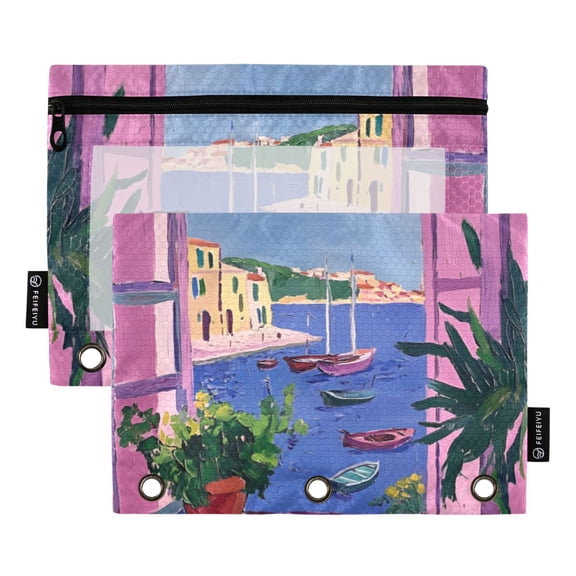 FORMRS 2 Pack Pencil Pouch for 3 Ring Binder with Clear Window Zipper Case, Purple Window Scene