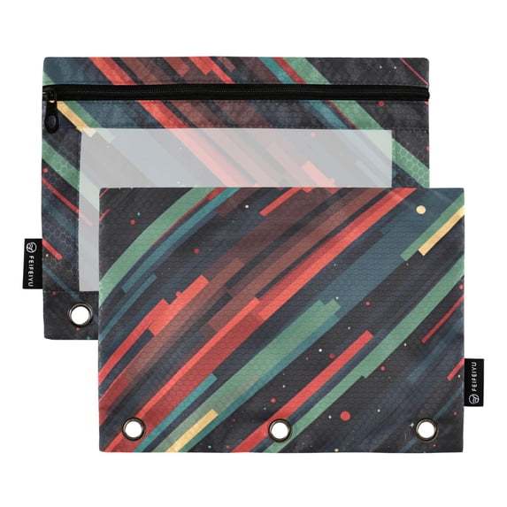 FORMRS 2 Pack Pencil Pouch for 3 Ring Binder with Clear Window Zipper Case, Red Abstract Lines