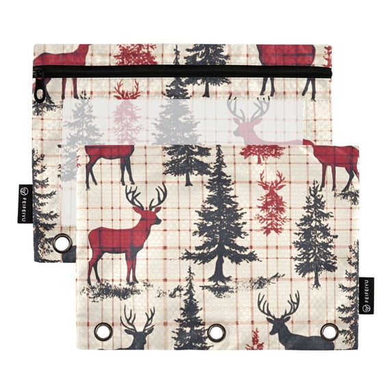 FORMRS 2 Pack Pencil Pouch for 3 Ring Binder with Clear Window Zipper Case, Red Deer