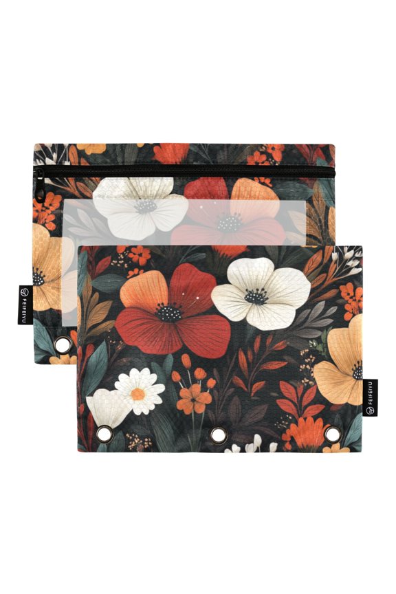 2 Pack Pencil Pouch for 3 Ring Binder with Clear Window Zipper Case, Red Flowers Pattern