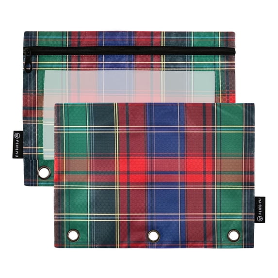 FORMRS 2 Pack Pencil Pouch for 3 Ring Binder with Clear Window Zipper Case, Red Green Pattern