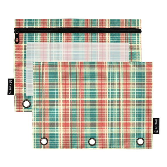 FORMRS 2 Pack Pencil Pouch for 3 Ring Binder with Clear Window Zipper Case, Red Green Tartan Pattern