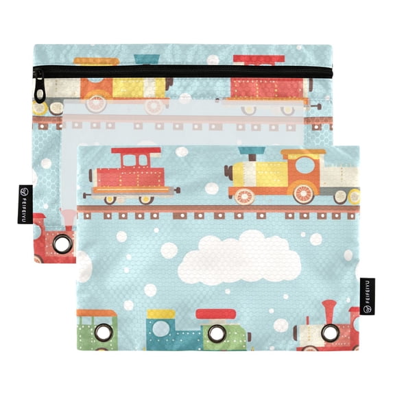 FORMRS 2 Pack Pencil Pouch for 3 Ring Binder with Clear Window Zipper Case, Red Trains Pattern
