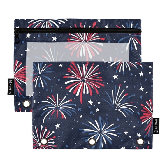 FORMRS 2 Pack Pencil Pouch for 3 Ring Binder with Clear Window Zipper Case, Red and Blue Fireworks Pattern