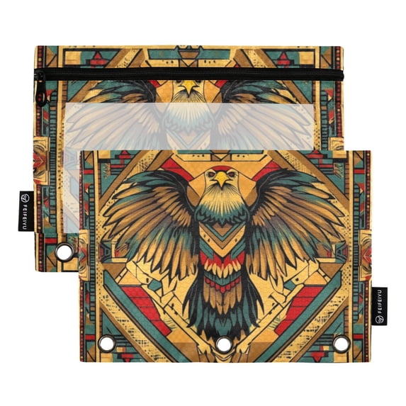 FORMRS 2 Pack Pencil Pouch for 3 Ring Binder with Clear Window Zipper Case, Retro Abstract Eagle