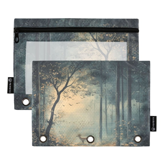 FORMRS 2 Pack Pencil Pouch for 3 Ring Binder with Clear Window Zipper Case, Retro Forest