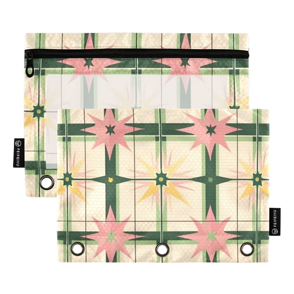 FORMRS 2 Pack Pencil Pouch for 3 Ring Binder with Clear Window Zipper Case, Retro Green Stars