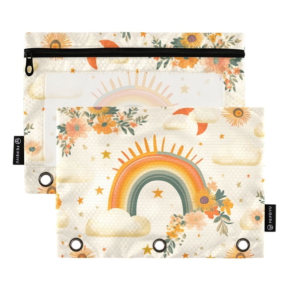 FORMRS 2 Pack Pencil Pouch for 3 Ring Binder with Clear Window Zipper Case, Retro Rainbow