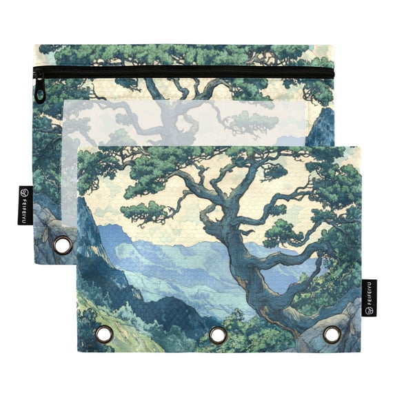 FORMRS 2 Pack Pencil Pouch for 3 Ring Binder with Clear Window Zipper Case, Retro Tree