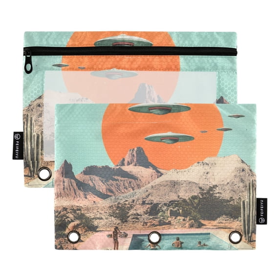 FORMRS 2 Pack Pencil Pouch for 3 Ring Binder with Clear Window Zipper Case, Retro UFO