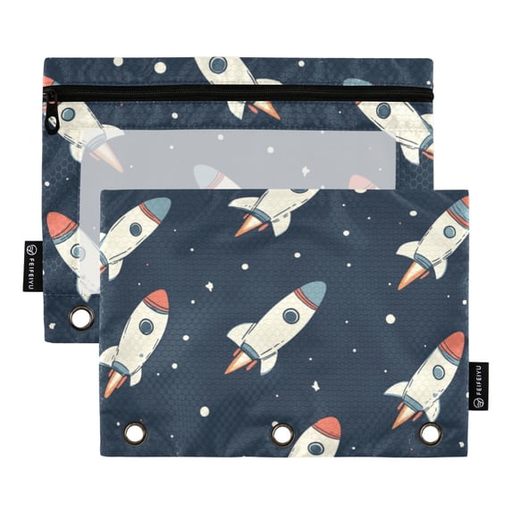 FORMRS 2 Pack Pencil Pouch for 3 Ring Binder with Clear Window Zipper Case, Rocket Pattern