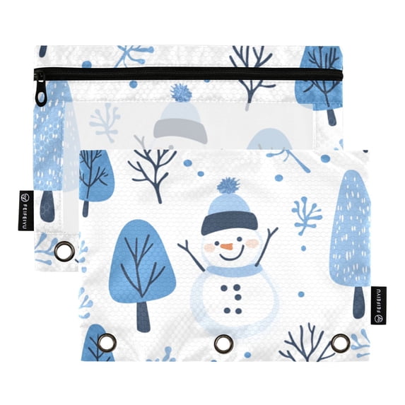 FORMRS 2 Pack Pencil Pouch for 3 Ring Binder with Clear Window Zipper Case, Simple Cartoon Snowmen