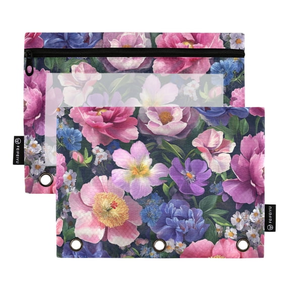 FORMRS 2 Pack Pencil Pouch for 3 Ring Binder with Clear Window Zipper Case, Soft Pinks Flowers