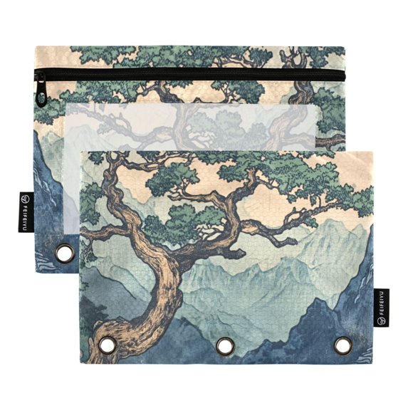 FORMRS 2 Pack Pencil Pouch for 3 Ring Binder with Clear Window Zipper Case, Tree in The Mountains