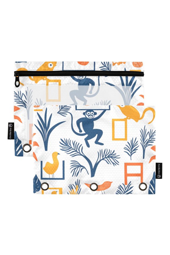 2 Pack Pencil Pouch for 3 Ring Binder with Clear Window Zipper Case, Tropical Jungle Vibes