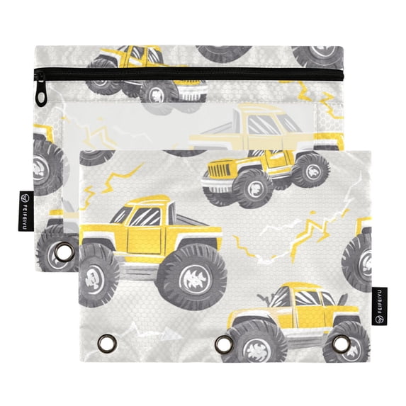 FORMRS 2 Pack Pencil Pouch for 3 Ring Binder with Clear Window Zipper Case, Trucks Pattern