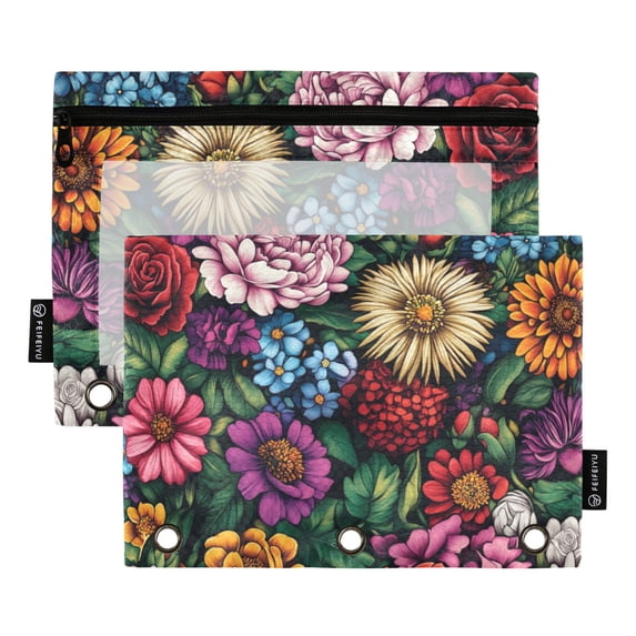 FORMRS 2 Pack Pencil Pouch for 3 Ring Binder with Clear Window Zipper Case, Vibrant Flowers Pattern