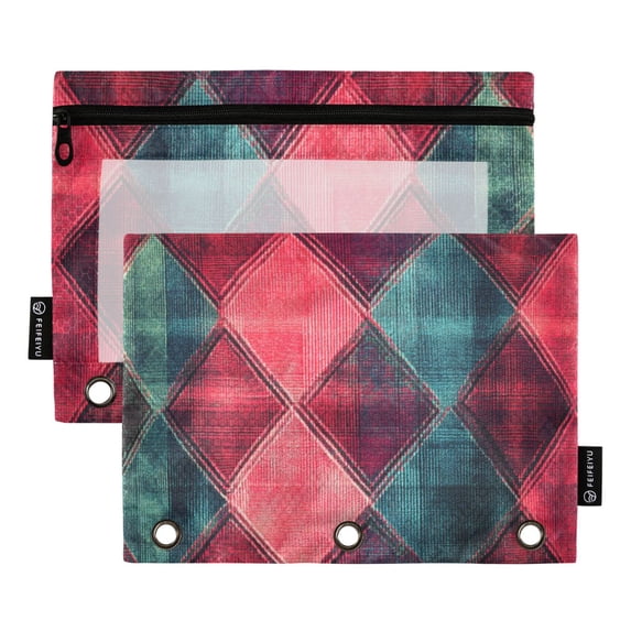 FORMRS 2 Pack Pencil Pouch for 3 Ring Binder with Clear Window Zipper Case, Vibrant Green Tartan Pattern