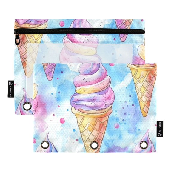 FORMRS 2 Pack Pencil Pouch for 3 Ring Binder with Clear Window Zipper Case, Watercolor Ice Cream Pattern