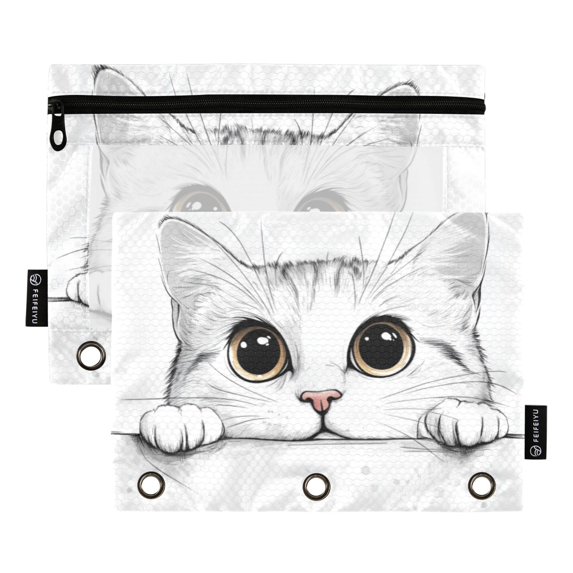 FORMRS 2 Pack Pencil Pouch for 3 Ring Binder with Clear Window Zipper Case, White Cat