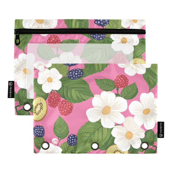 FORMRS 2 Pack Pencil Pouch for 3 Ring Binder with Clear Window Zipper Case, White Flowers