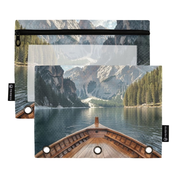 FORMRS 2 Pack Pencil Pouch for 3 Ring Binder with Clear Window Zipper Case, Wooden Boat