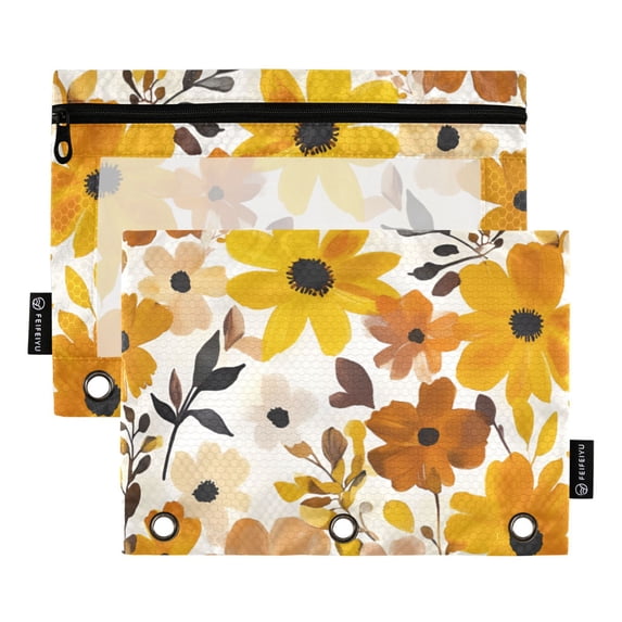 FORMRS 2 Pack Pencil Pouch for 3 Ring Binder with Clear Window Zipper Case, Yellow Flowers