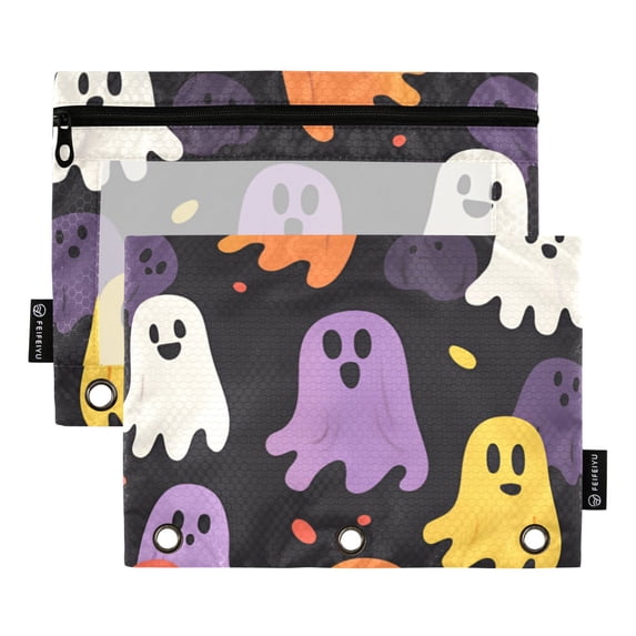 FORMRS 2 Pack Pencil Pouch for 3 Ring Binder with Clear Window Zipper Case, Yellow Halloween Ghosts