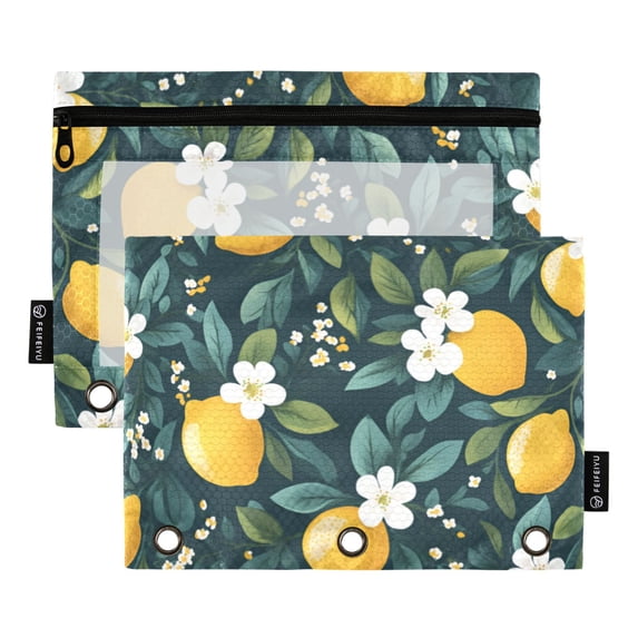 FORMRS 2 Pack Pencil Pouch for 3 Ring Binder with Clear Window Zipper Case, Yellow Lemons