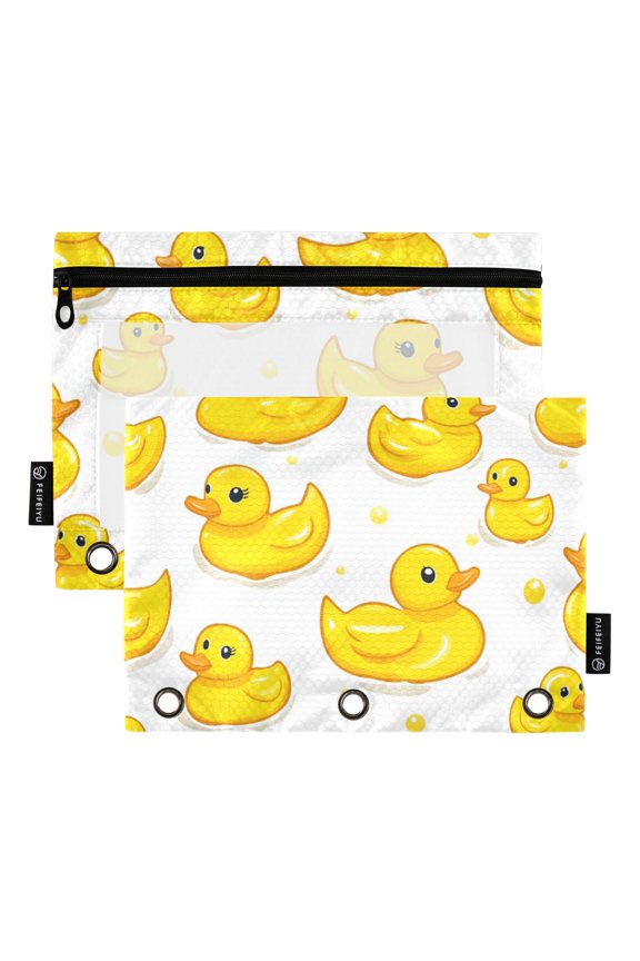 2 Pack Pencil Pouch for 3 Ring Binder with Clear Window Zipper Case, Yellow Rubber Ducks