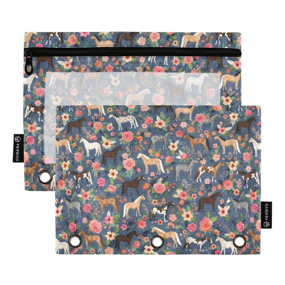 FORMRS 2 Pack Pencil Pouch for 3 Ring Binder with Clear Window Zipper Pen Case Stationery Organizer, Blue Floral Horses Pattern