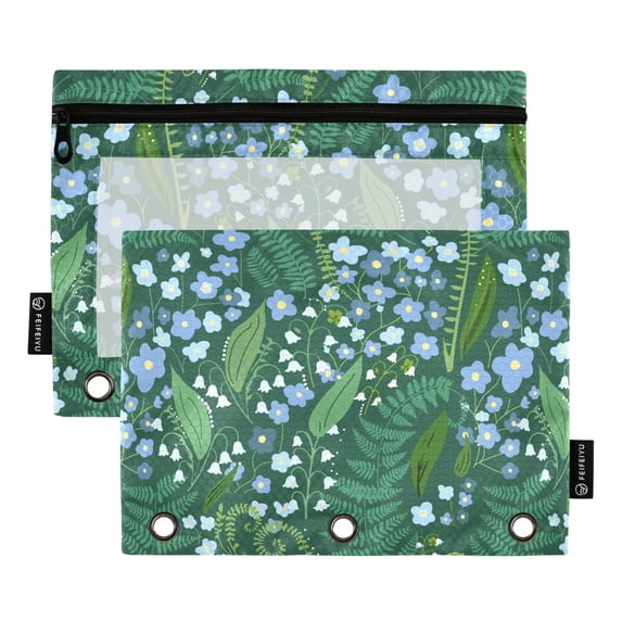 FORMRS 2 Pack Pencil Pouch for 3 Ring Binder with Clear Window Zipper Pen Case Stationery Organizer, Blue Flowers Pattern