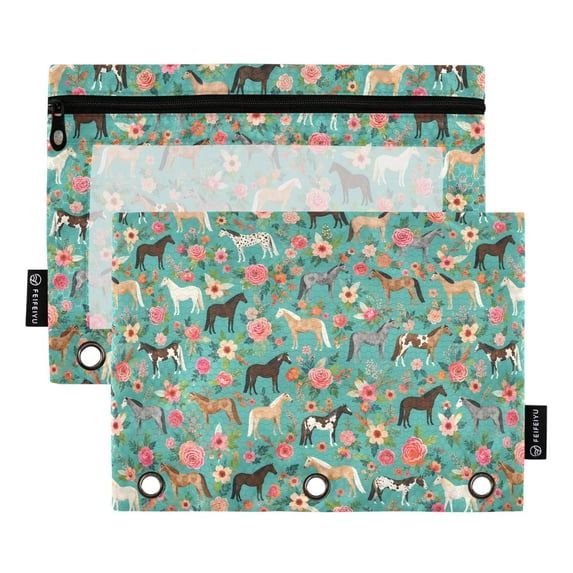 FORMRS 2 Pack Pencil Pouch for 3 Ring Binder with Clear Window Zipper Pen Case Stationery Organizer, Green Floral Horses Pattern