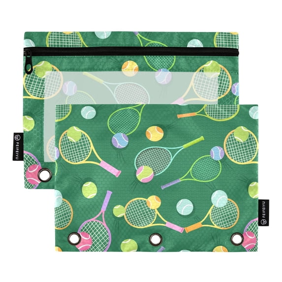FORMRS 2 Pack Pencil Pouch for 3 Ring Binder with Clear Window Zipper Pen Case Stationery Organizer, Green Tennis Pattern