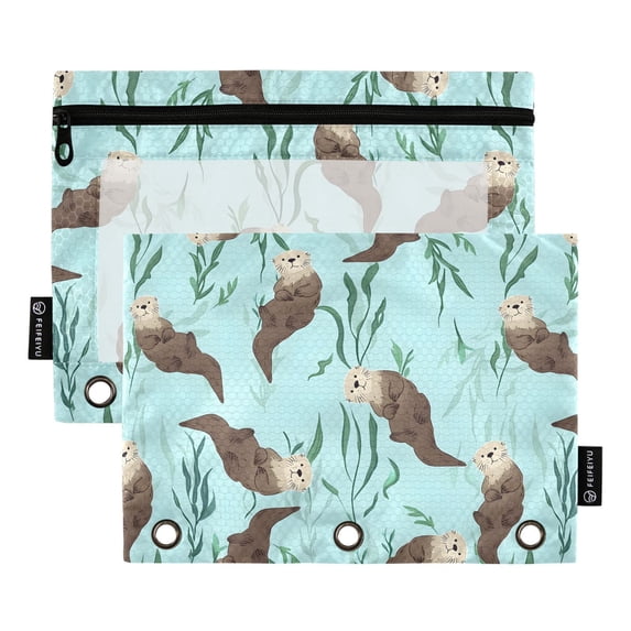 FORMRS 2 Pack Pencil Pouch for 3 Ring Binder with Clear Window Zipper Pen Case Stationery Organizer, Swimming Otters Pattern