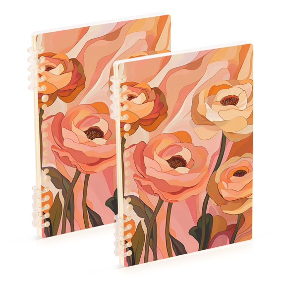 FORMRS 1-Subject Spiral Notebook 8" x 5" College Ruled 60 Refillable Sheet A5 Hard Cover, 2 Pack, Abstract Orange Flowers